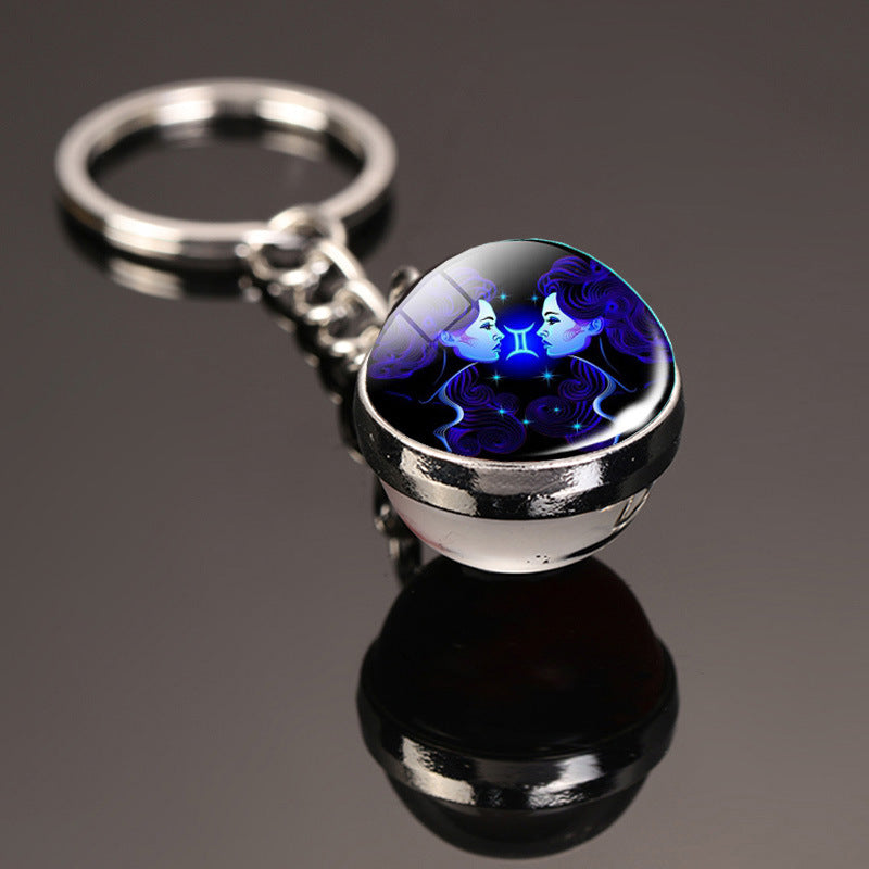 Creative 12 Constellation Key Ring Time Stone Double-Sided Glass Ball Metal Keychain Pendant Key Chain Accessories Fashion Gift