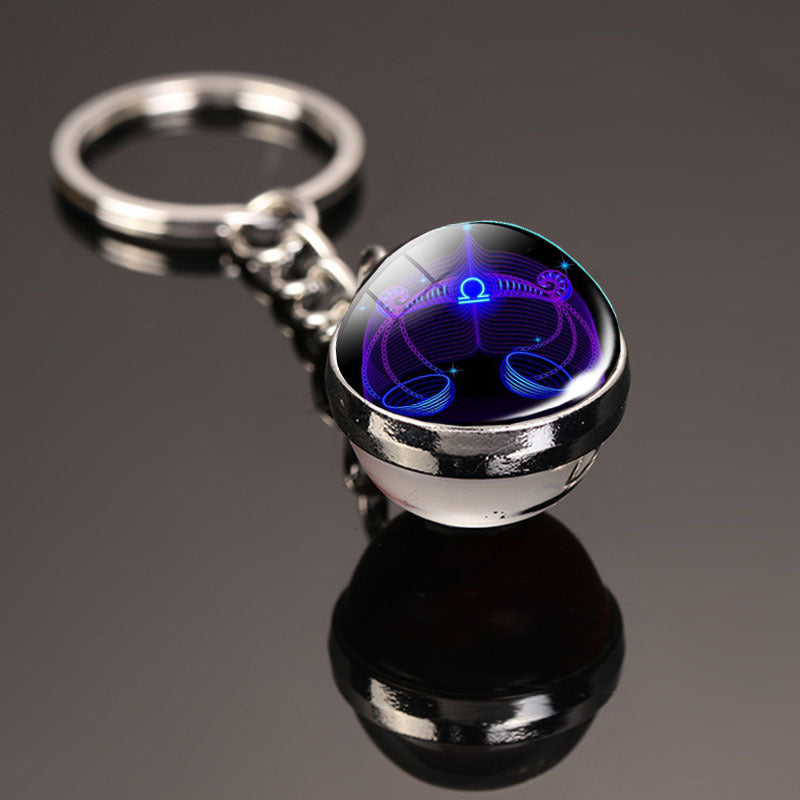 Creative 12 Constellation Key Ring Time Stone Double-Sided Glass Ball Metal Keychain Pendant Key Chain Accessories Fashion Gift