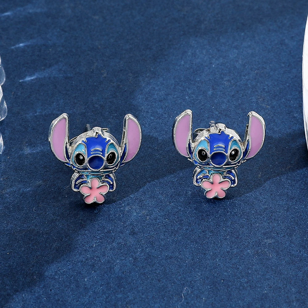 Disney-Cute Cartoon Stitch with Flower Stud Earrings for Women and Teen Girls, Lovely Ear Accessories, Jewelry Gifts for Fans