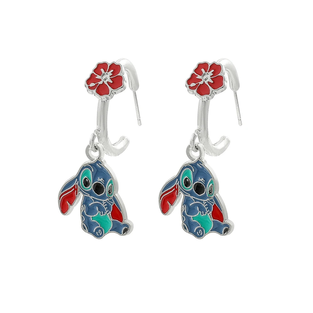 Disney-Cute Cartoon Stitch with Flower Stud Earrings for Women and Teen Girls, Lovely Ear Accessories, Jewelry Gifts for Fans