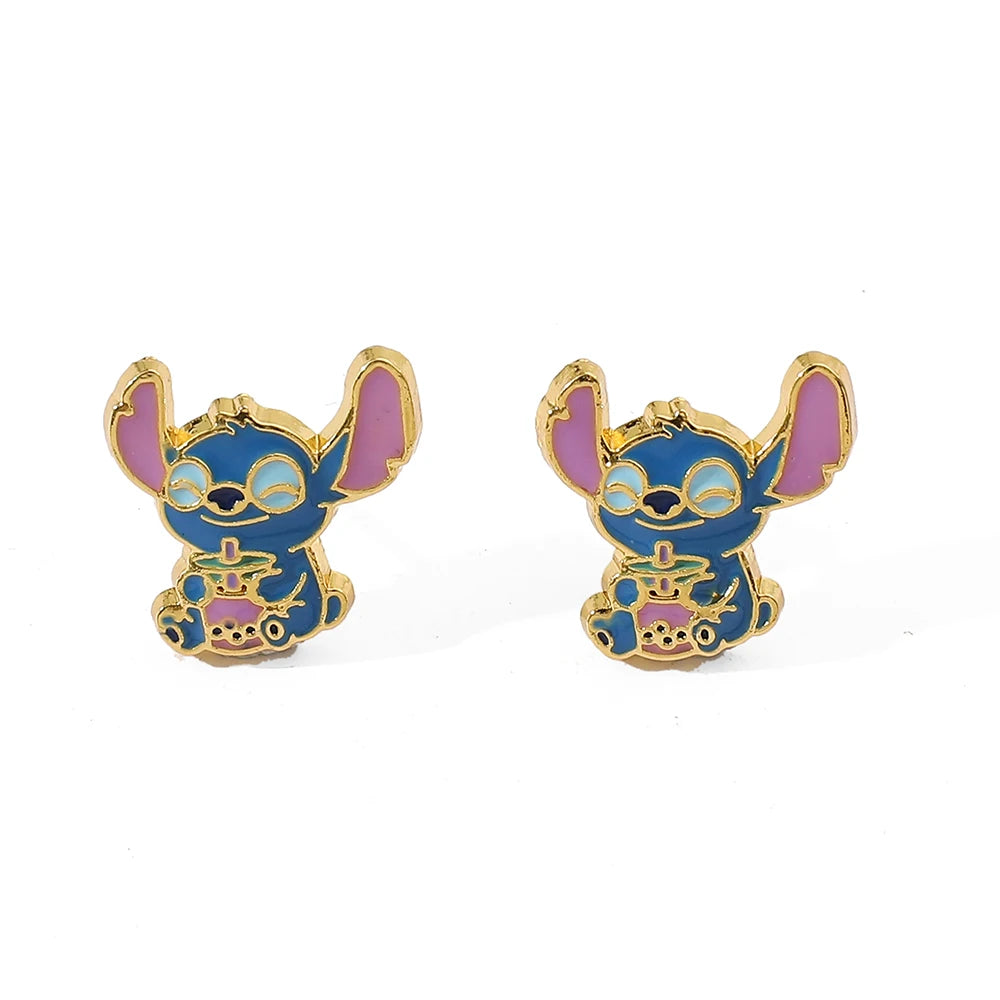 Disney-Cute Cartoon Stitch with Flower Stud Earrings for Women and Teen Girls, Lovely Ear Accessories, Jewelry Gifts for Fans