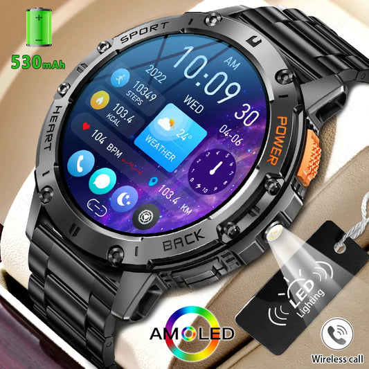 For Huawei Xiaomi New AMOLED Smart Watch Men with Flashlight Sports Waterproof Fitness Tracker Bluetooth Call Smartwatch Man+Box