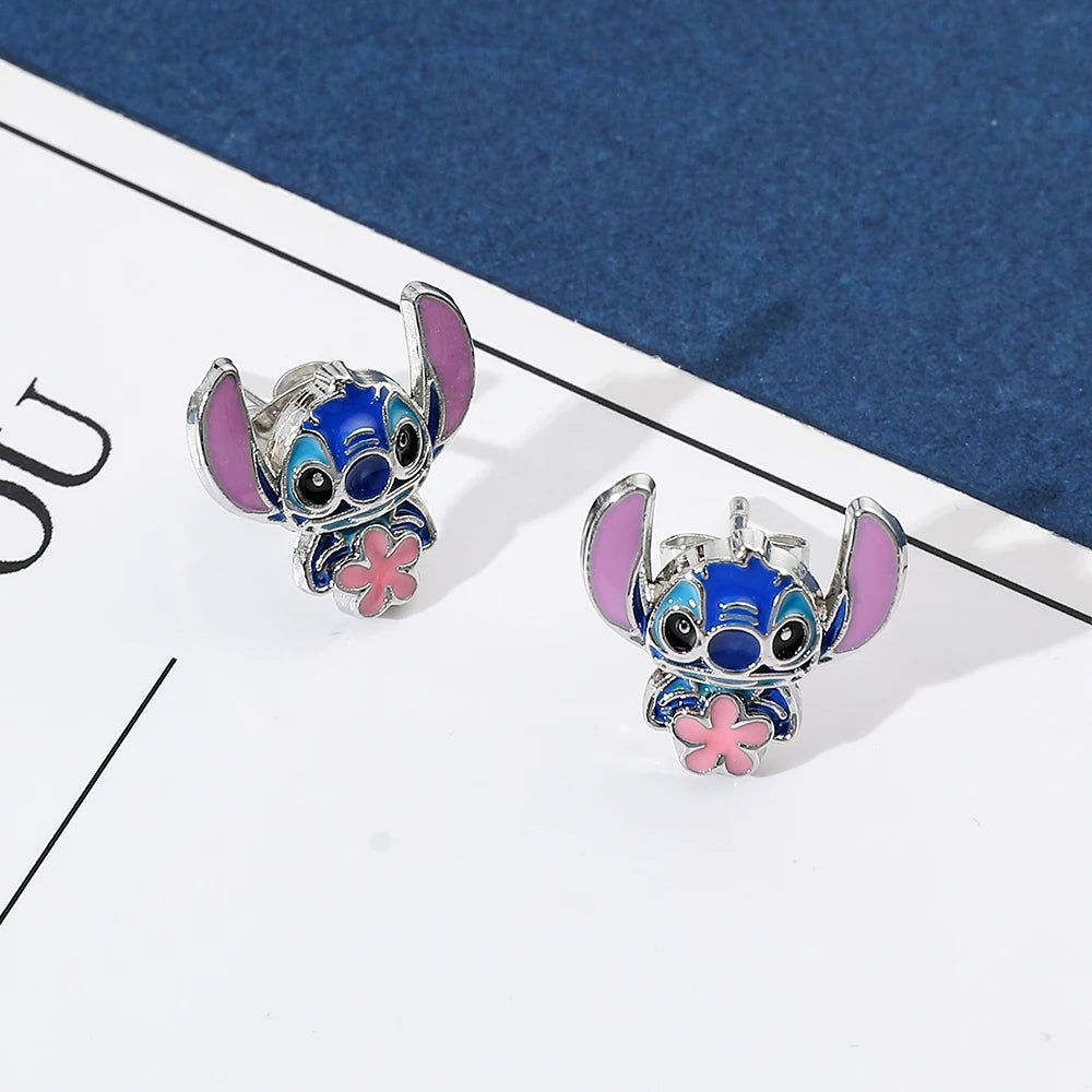 Disney-Cute Cartoon Stitch with Flower Stud Earrings for Women and Teen Girls, Lovely Ear Accessories, Jewelry Gifts for Fans