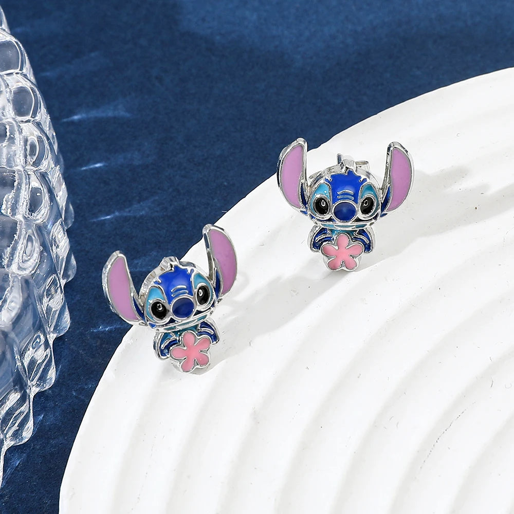 Disney-Cute Cartoon Stitch with Flower Stud Earrings for Women and Teen Girls, Lovely Ear Accessories, Jewelry Gifts for Fans