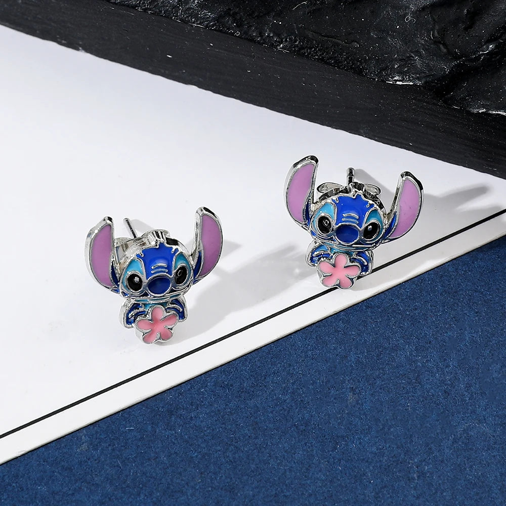 Disney-Cute Cartoon Stitch with Flower Stud Earrings for Women and Teen Girls, Lovely Ear Accessories, Jewelry Gifts for Fans